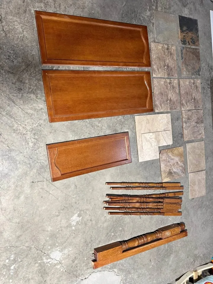 Miscellaneous tiles, spindles, cupboard doors
