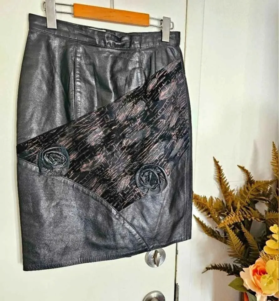 Leather rose floral vintage pencil skirt 80s retro goth