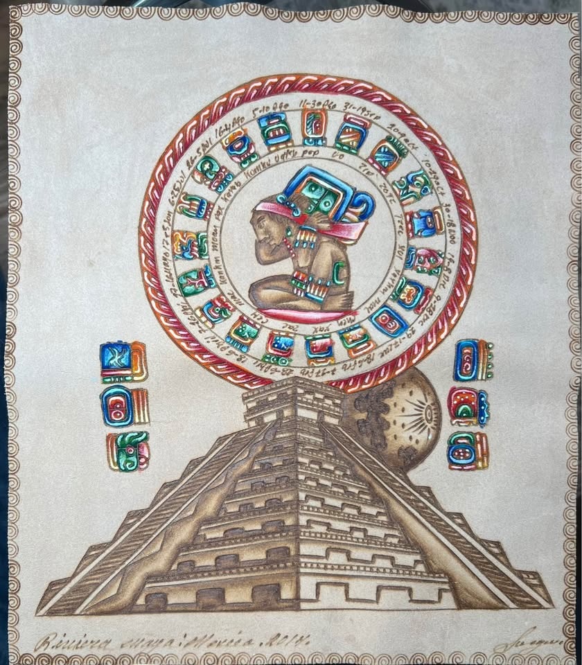Rare Mayan Calendar Hand Painted Leather