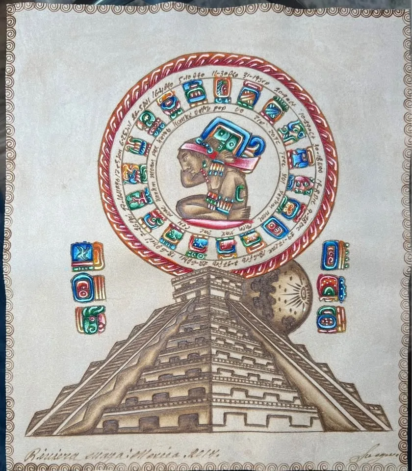 Rare Mayan Calendar Hand Painted Leather