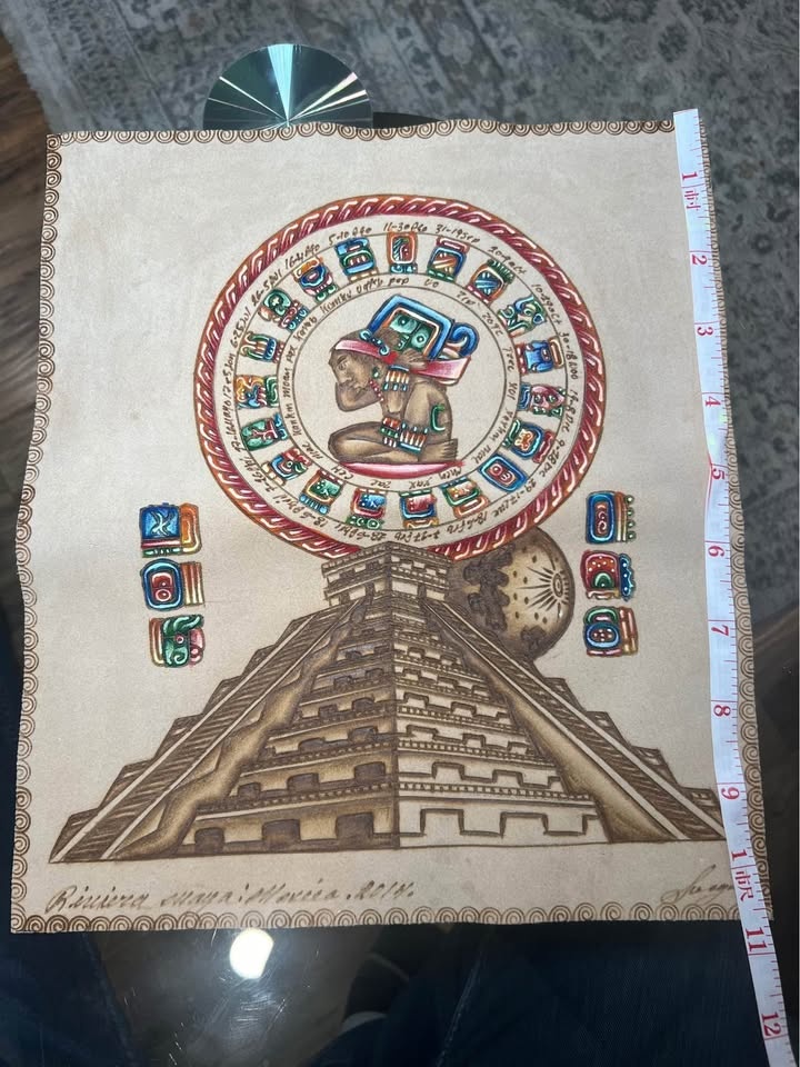 Rare Mayan Calendar Hand Painted Leather - photo 3