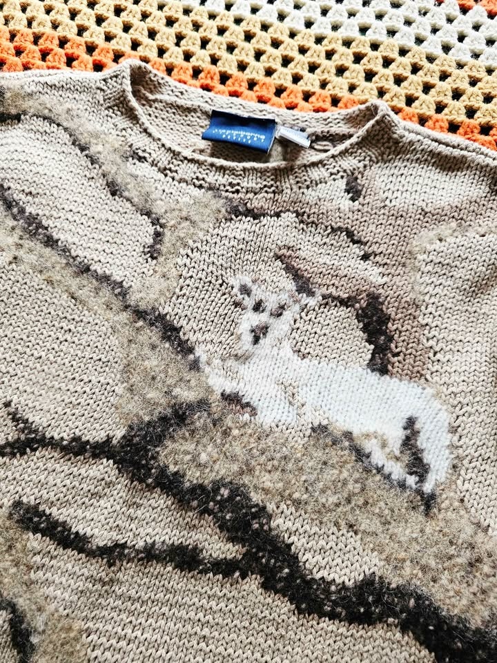 Vintage Animal Landscape Knit Beige Cropped Sweater - photo 2