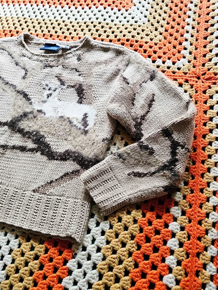 Vintage Animal Landscape Knit Beige Cropped Sweater - photo 3