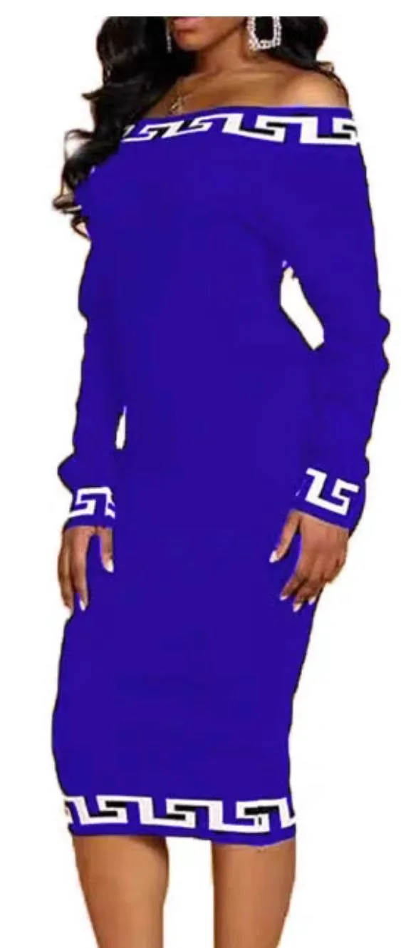 Royal Blue Greek Key Off-Shoulder Midi Dress - Size M