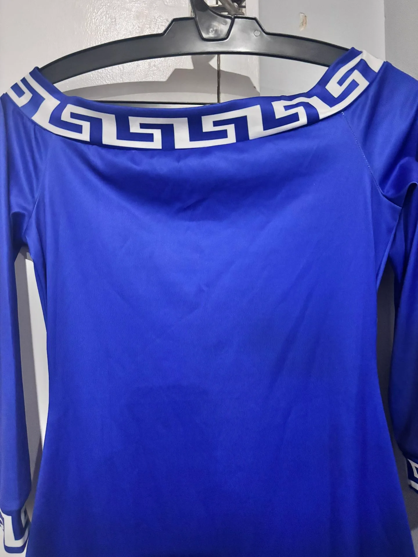 Royal Blue Greek Key Off-Shoulder Midi Dress - Size M image indicator(2)