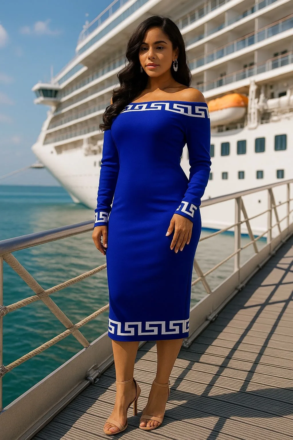 Royal Blue Greek Key Off-Shoulder Midi Dress - Size M image indicator(6)