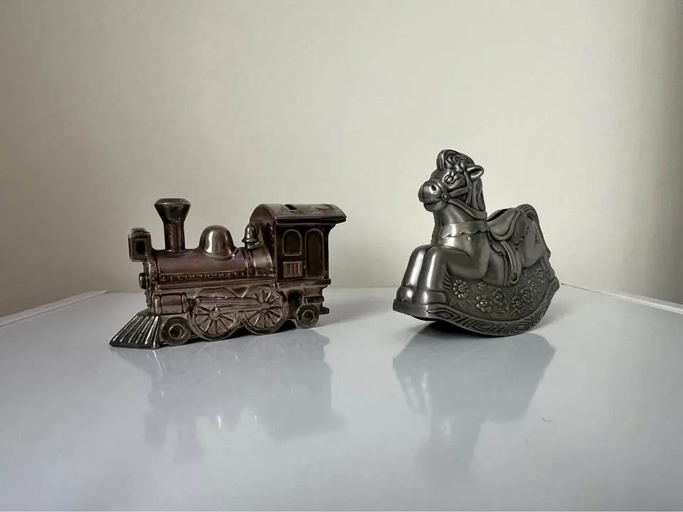 Silver plated Train Coin Bank and Rocking Horse Coin Bank
