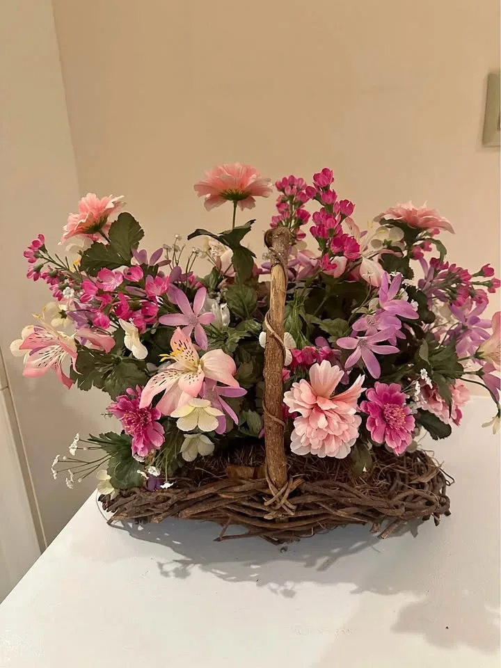 Large Fake Flower Floral Arrangement in Wicker Basket