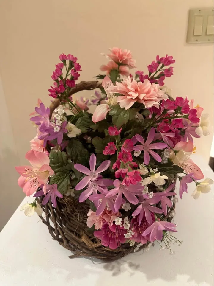 Large Fake Flower Floral Arrangement in Wicker Basket image indicator(4)