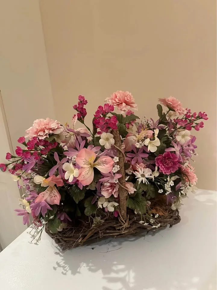Large Fake Flower Floral Arrangement in Wicker Basket image indicator(5)