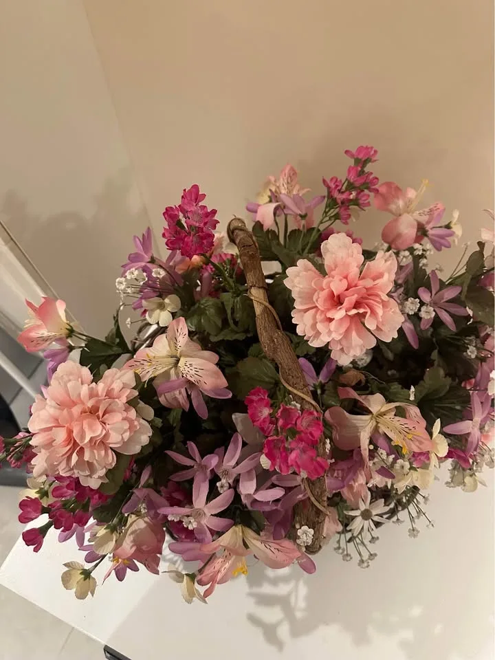 Large Fake Flower Floral Arrangement in Wicker Basket image indicator(6)