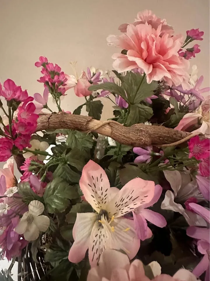 Large Fake Flower Floral Arrangement in Wicker Basket image indicator(7)