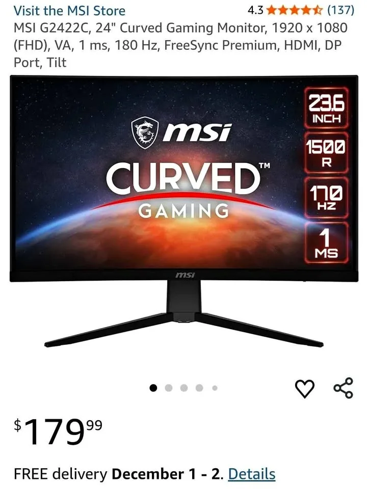 MSI gaming monitor 170hz, 1ms, NOT curved
