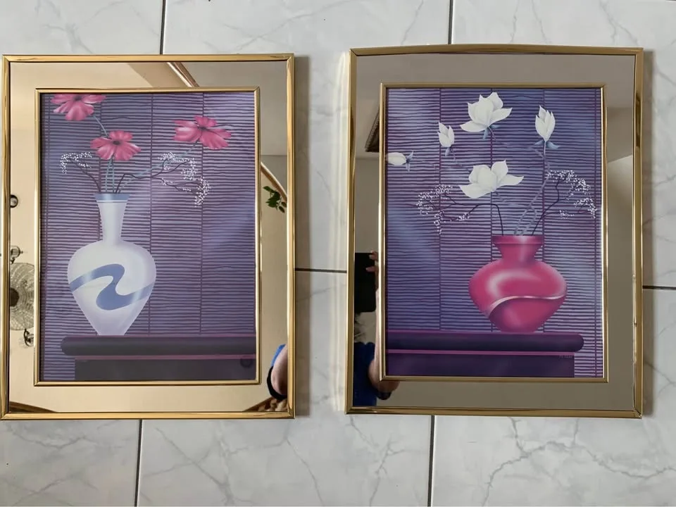 2 vintage 1980s postmodern mirror frame wall picture art set flo image indicator(3)
