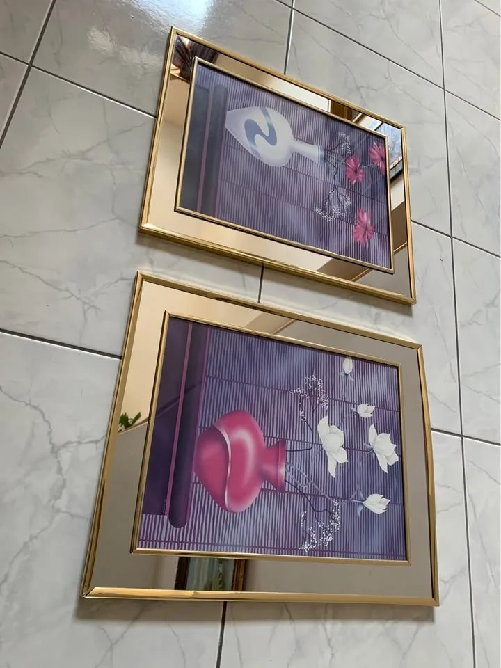 2 vintage 1980s postmodern mirror frame wall picture art set flo image indicator(6)