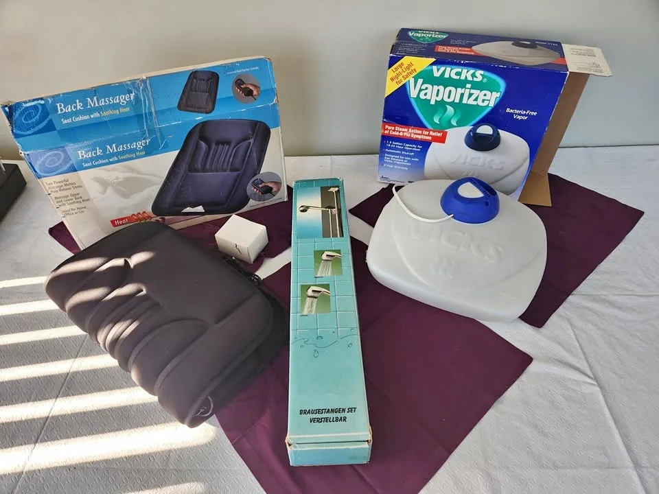 Heated Back Massager, Vicks Vaporizer & Adjustable Shower Slide