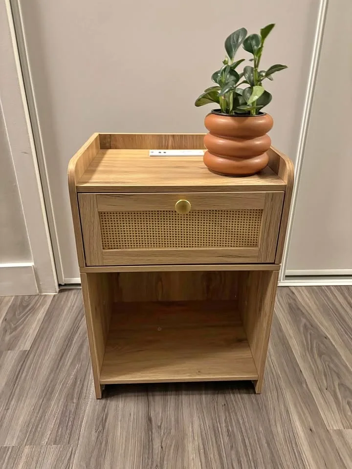 Nightstand with Charging Station, Boho End Table...