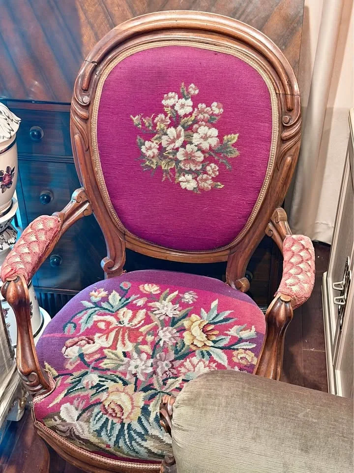 Vintage Floral Needlepoint Armchair & Footstool Set