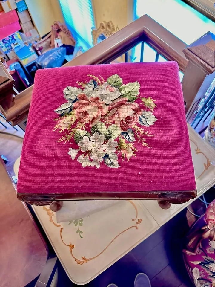 Vintage Floral Needlepoint Armchair & Footstool Set image indicator(5)