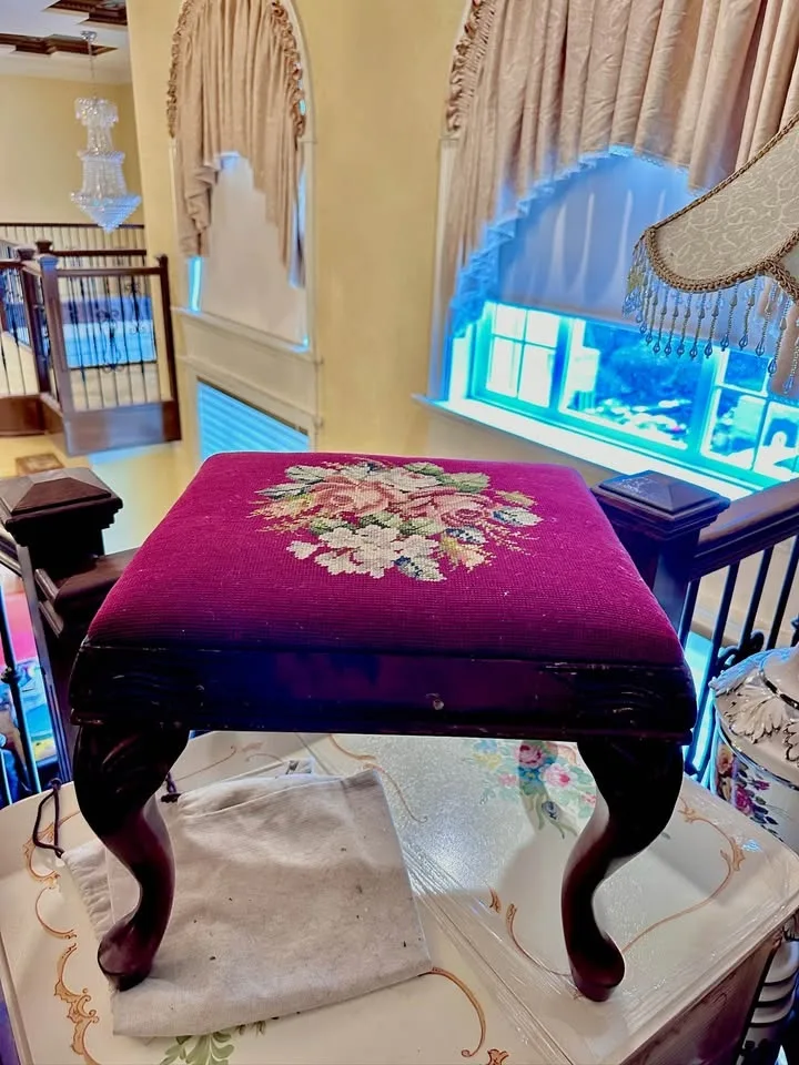 Vintage Floral Needlepoint Armchair & Footstool Set image indicator(6)