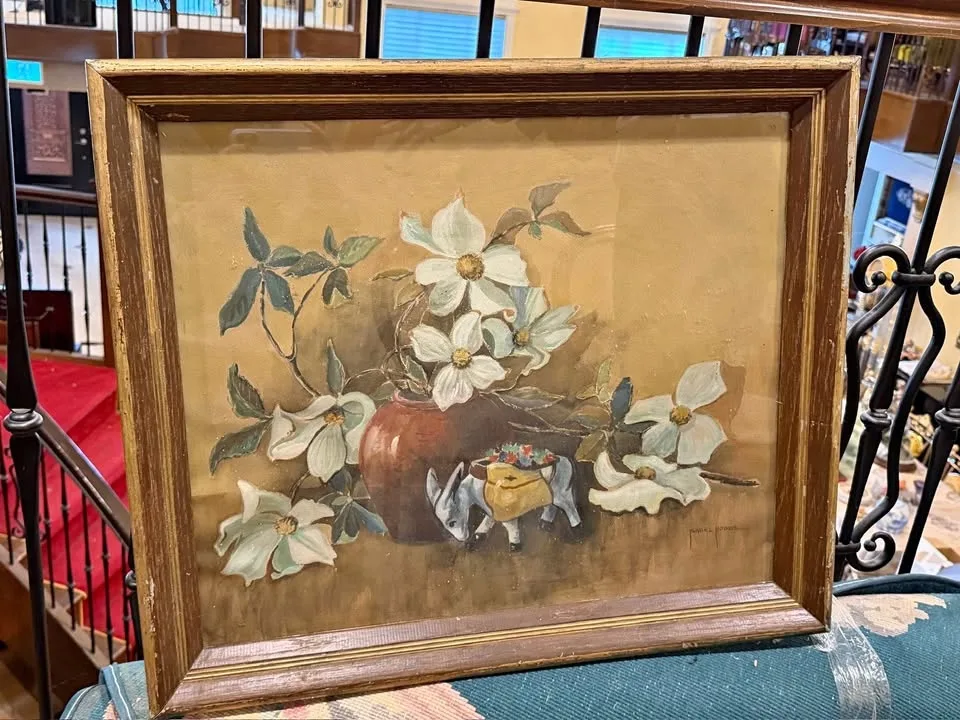 Vintage Floral Still Life Painting in Wood Frame