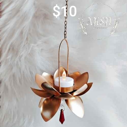 Golden Lotus metal Tea-Light Holder with chain hanging