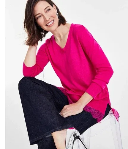 inc international concepts Pink Lace Trim Tunic Sweater image indicator(2)