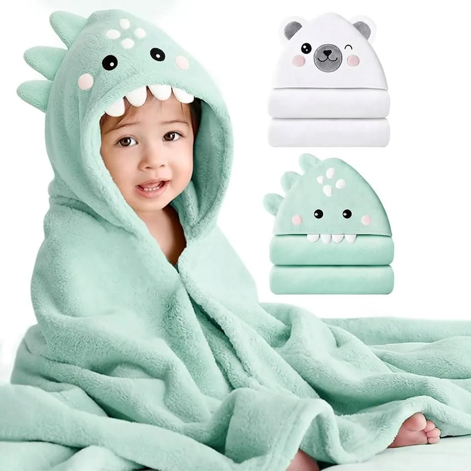 New~Hooded Baby Towels,32×32, Soft & Abs Plush Fleece, Gn(2 PK)