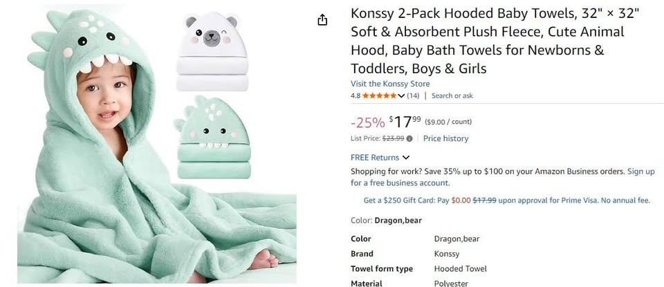 New~Hooded Baby Towels,32×32, Soft & Abs Plush Fleece, Gn(2 PK) - photo 5