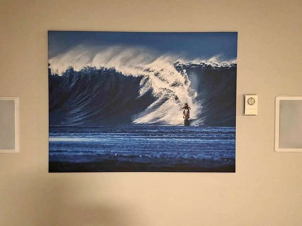 40"x30" Art piece of dirt biker Robby Maddison riding wave