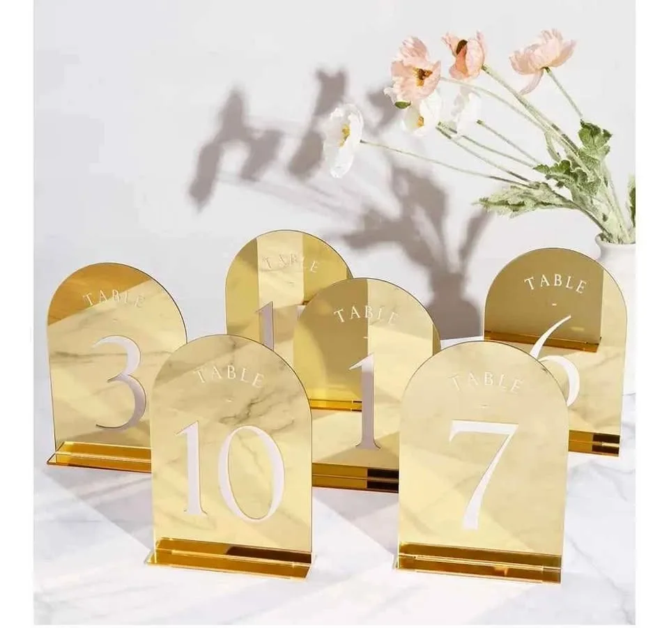 Gold Mirror Arch Wedding Table Numbers with Stands 1-11