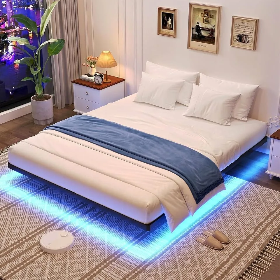 Awesofurni Floating Queen Bed Frame with Smart LED Lights