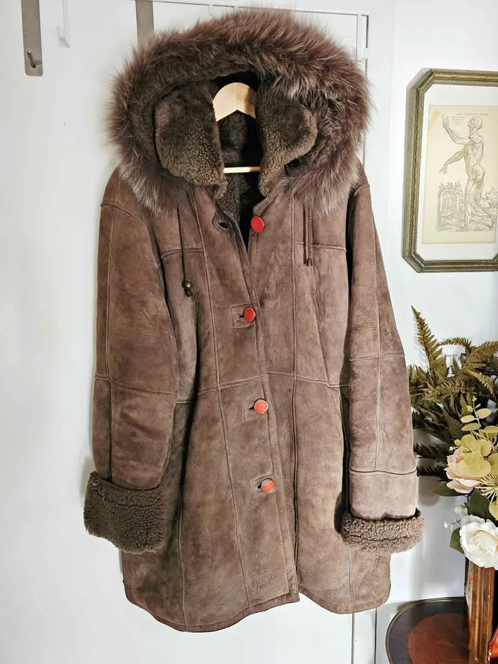 Shearling Sheepskin Hooded Coat Fur Trim 90s
