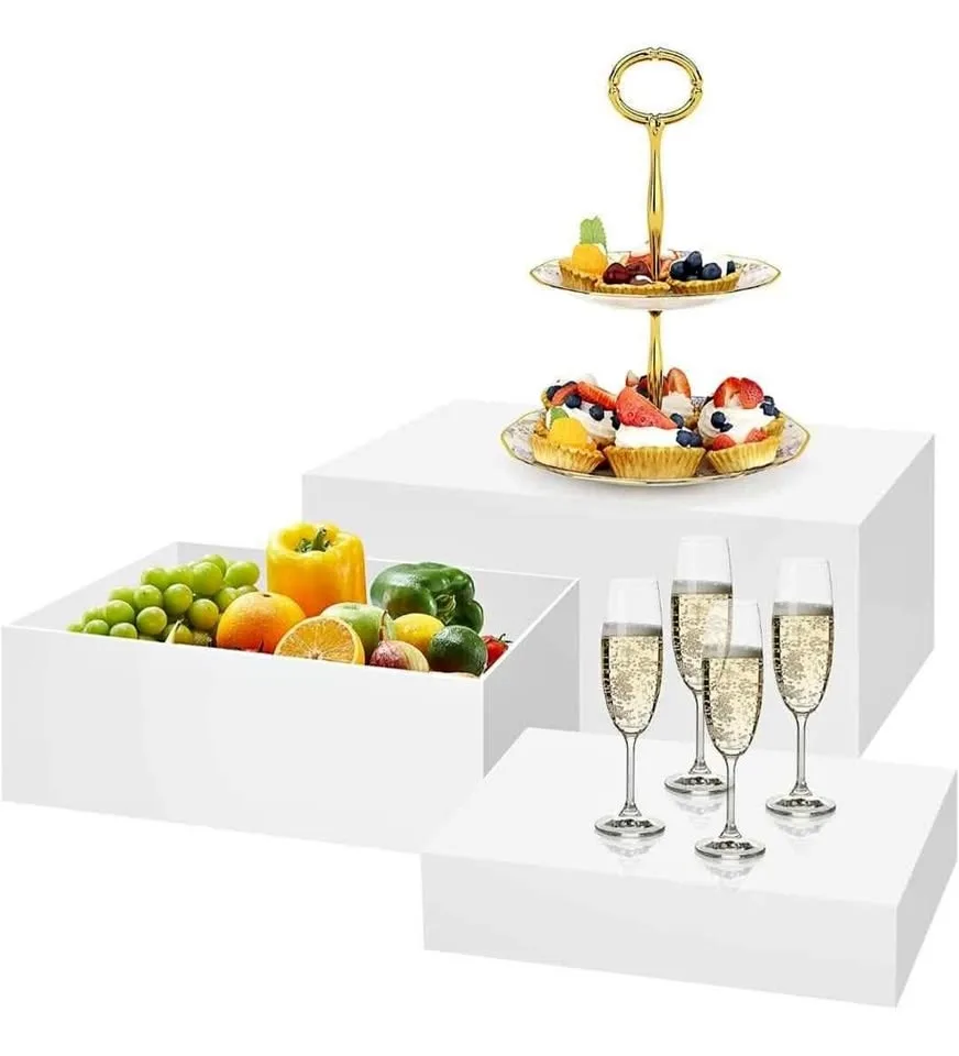 3 Pack White Buffet Food Risers, Large Size Acrylic Display Box
