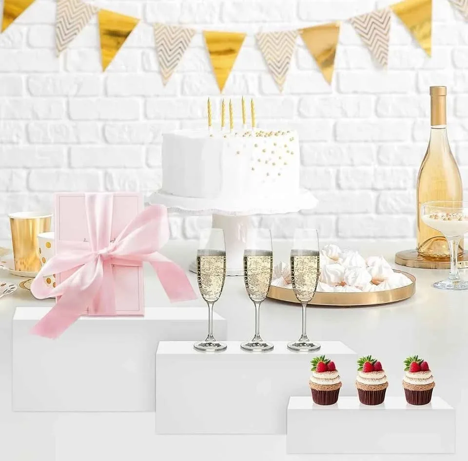 3 Pack White Buffet Food Risers, Large Size Acrylic Display Box image indicator(2)