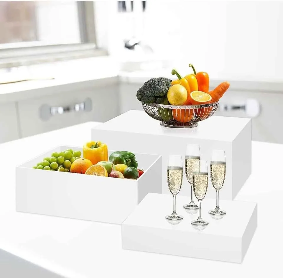 3 Pack White Buffet Food Risers, Large Size Acrylic Display Box image indicator(6)