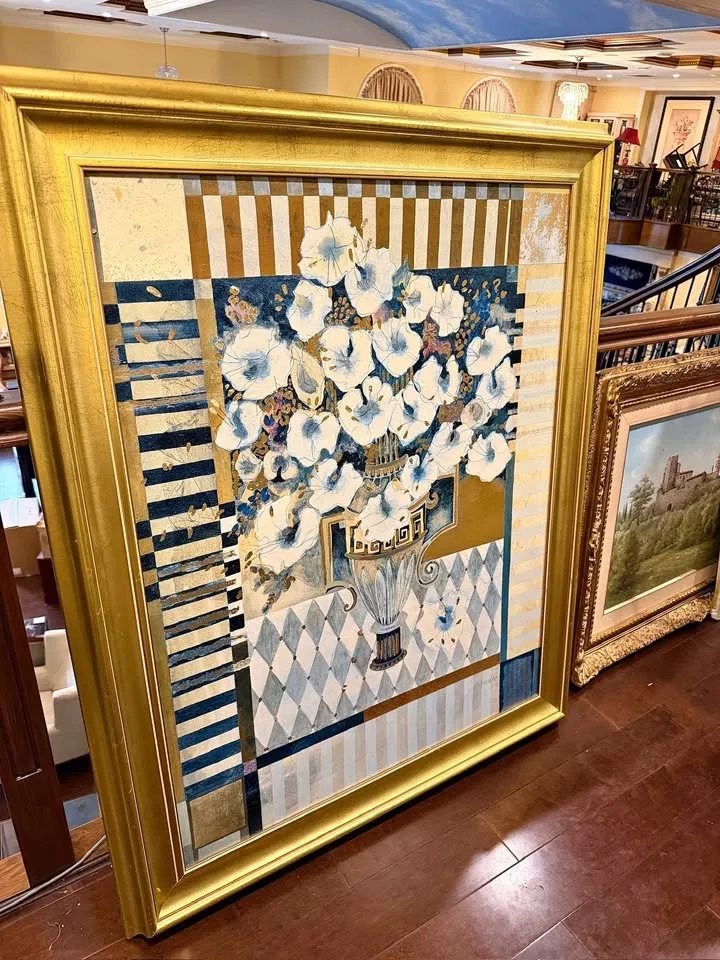 Large Framed Floral Art Print with Gold Accents