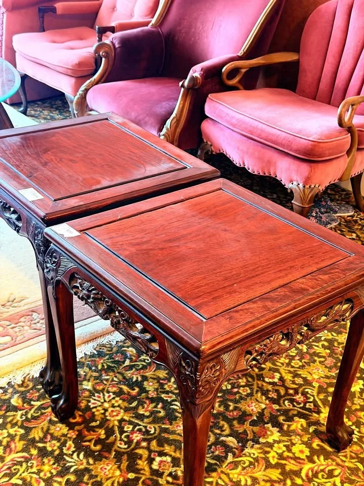 Pair of Hand-Carved Solid Wood Side Tables