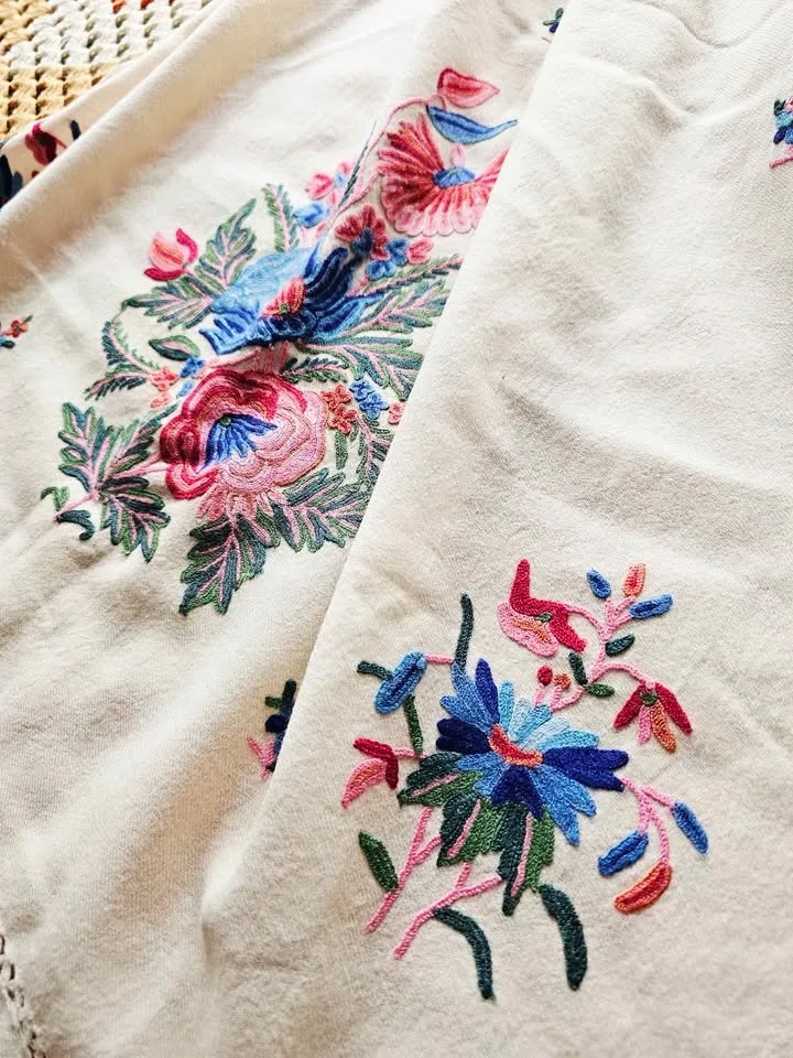 Kashmiri Shawl Scarf Wrap Indian Hand Embroidered Floral Cream W image indicator(3)