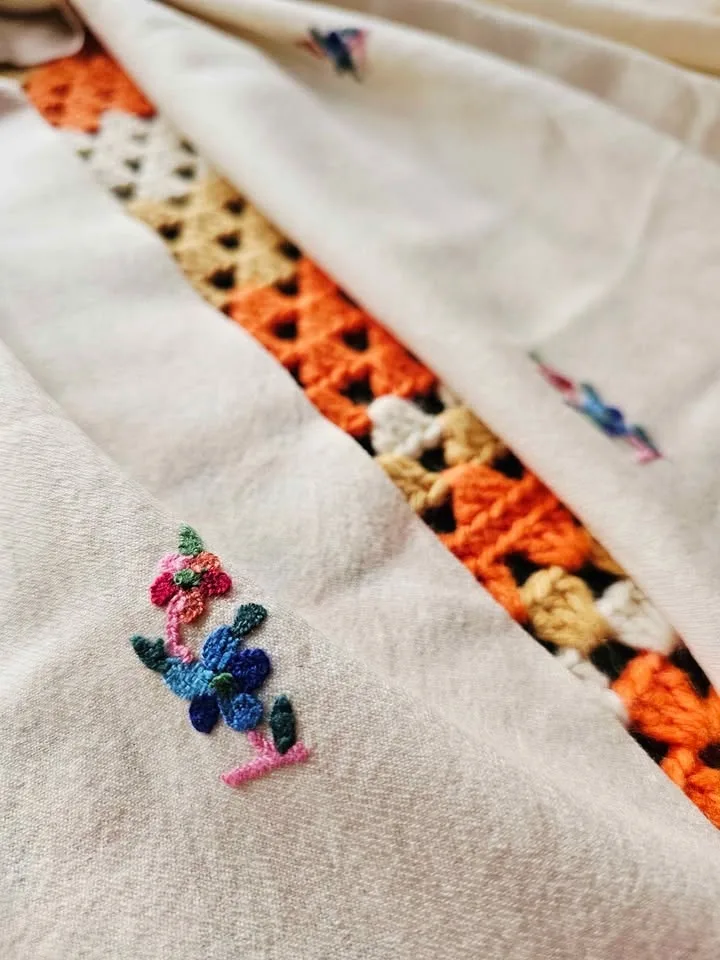 Kashmiri Shawl Scarf Wrap Indian Hand Embroidered Floral Cream W image indicator(4)