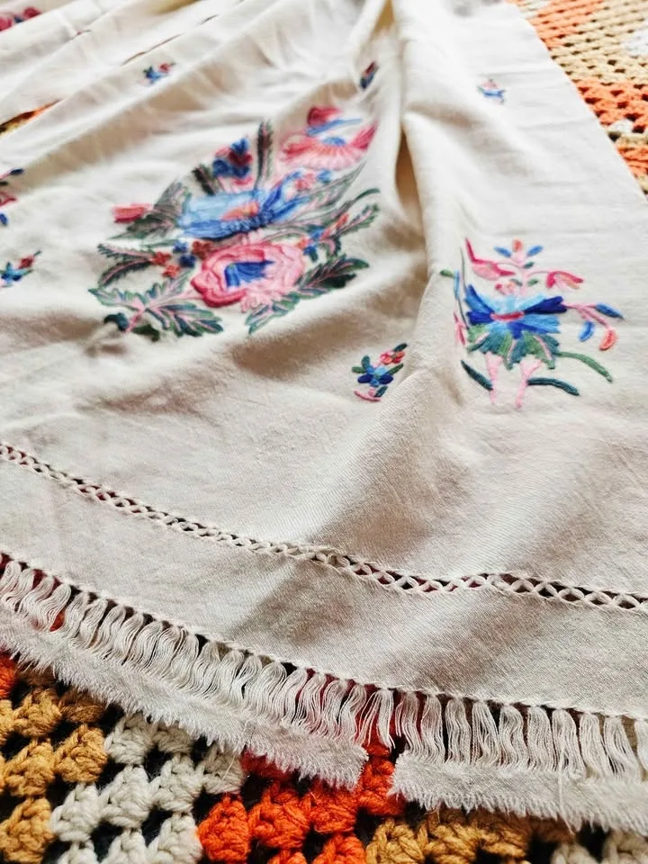 Kashmiri Shawl Scarf Wrap Indian Hand Embroidered Floral Cream W image indicator(9)