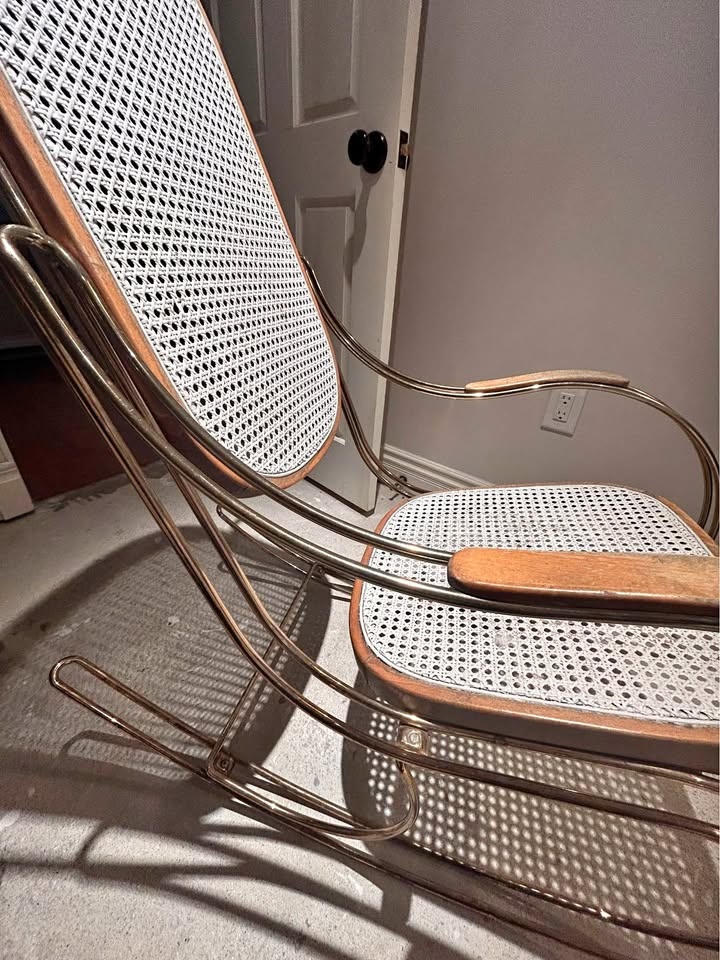Vintage Brass & Cane Rocking Chair