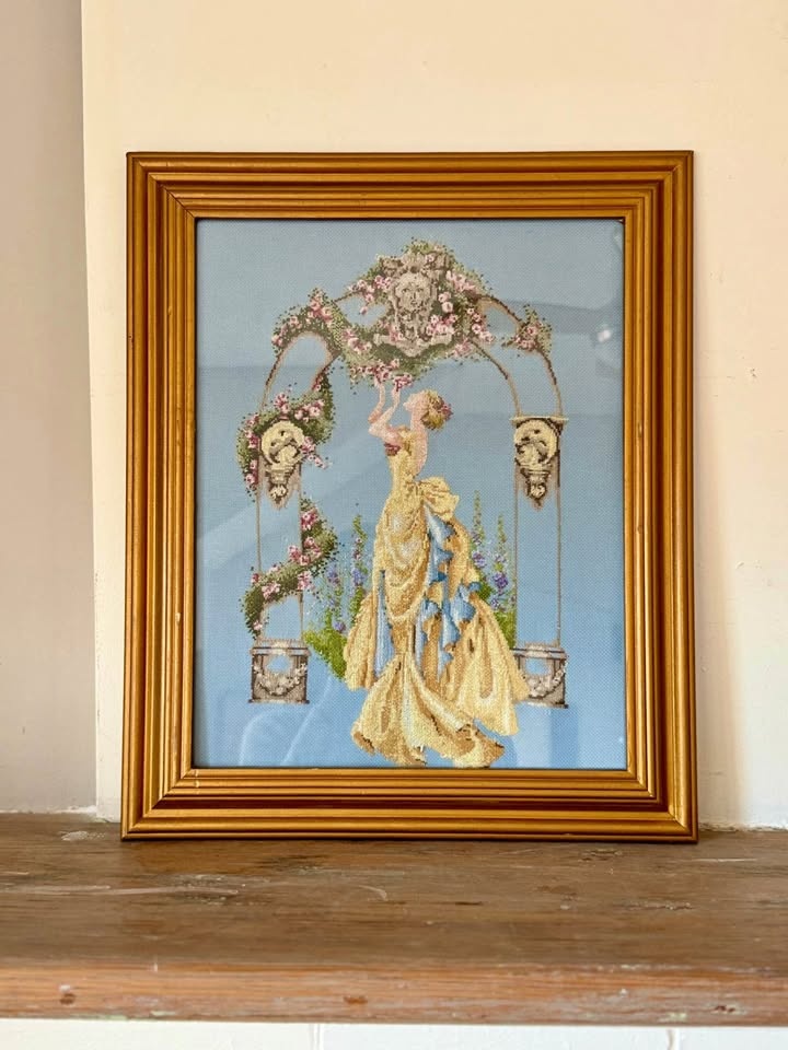 Framed Vintage Rose of Sharon Cross Stitch Art