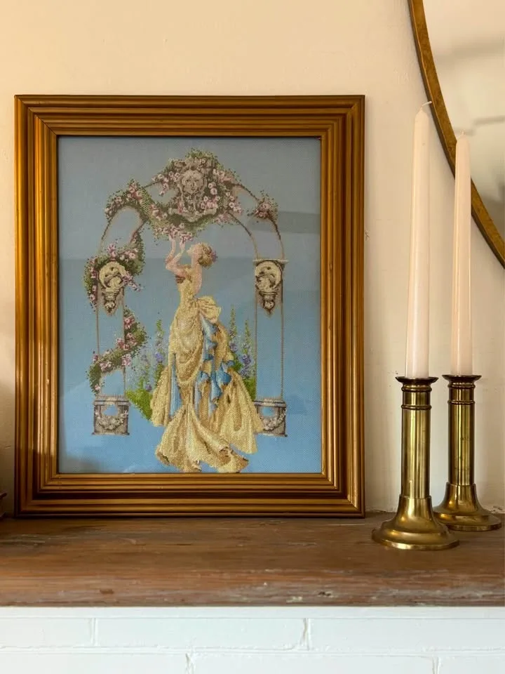 Framed Vintage Rose of Sharon Cross Stitch Art image indicator(3)