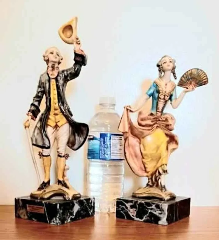 Vtg.Italian Hand Carved Rococo Lady & Gentleman with Carrara Mar