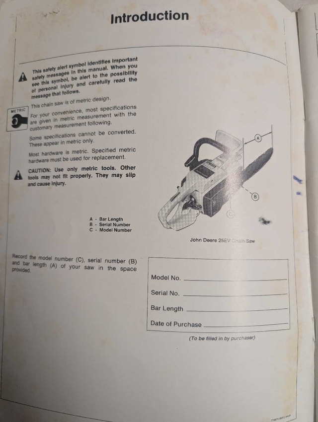 John Deere chainsaw operators manual, 25ev and 45ev - photo 4