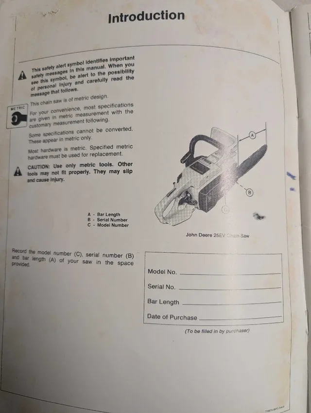 John Deere chainsaw operators manual, 25ev and 45ev image indicator(4)
