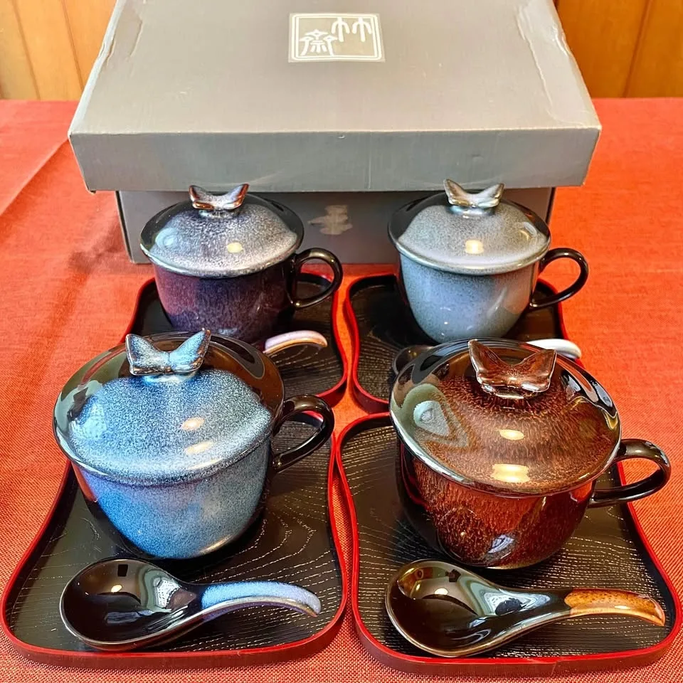 Butterfly Lidded Soup Cups Set of 4 w Spoons & Trays