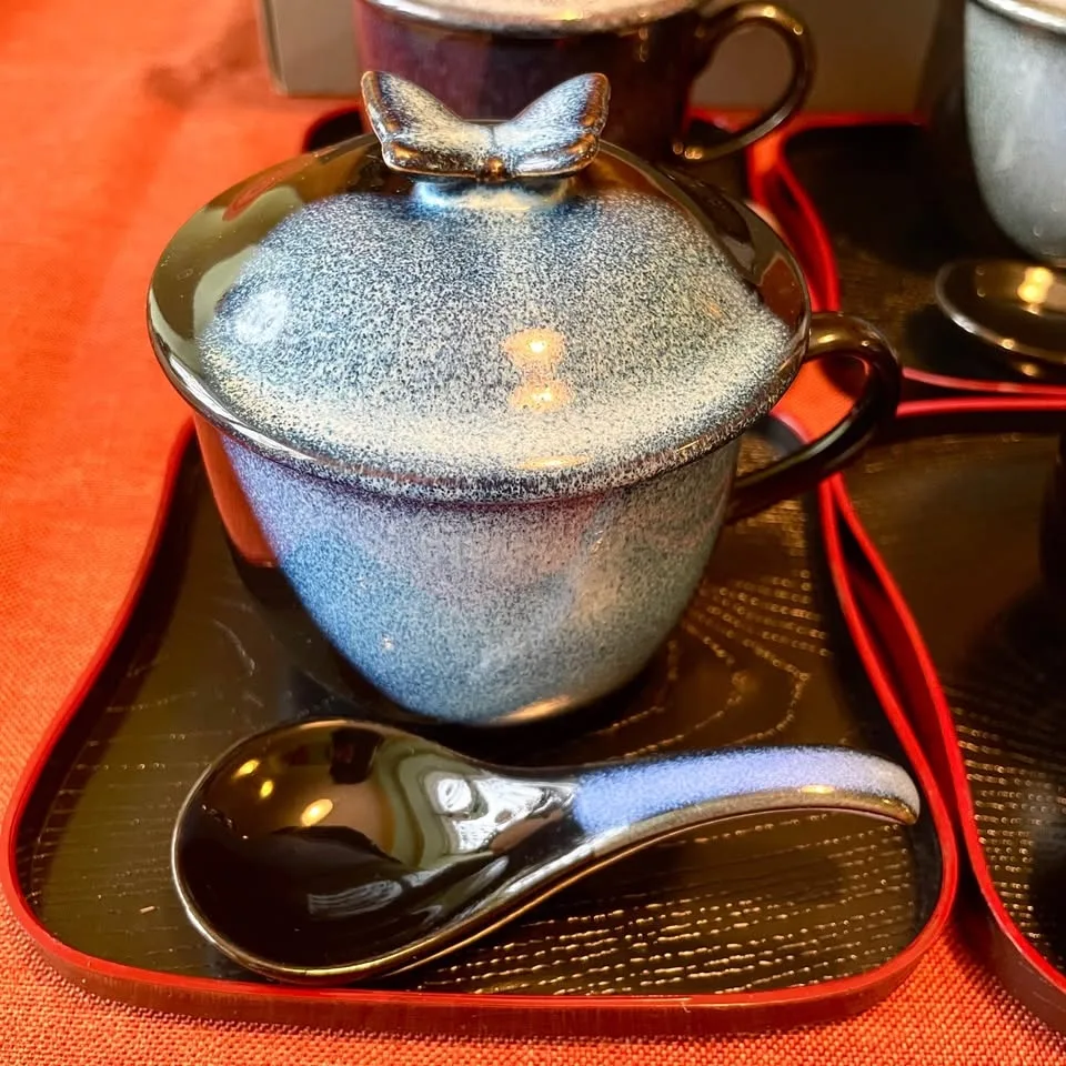 Butterfly Lidded Soup Cups Set of 4 w Spoons & Trays image indicator(4)