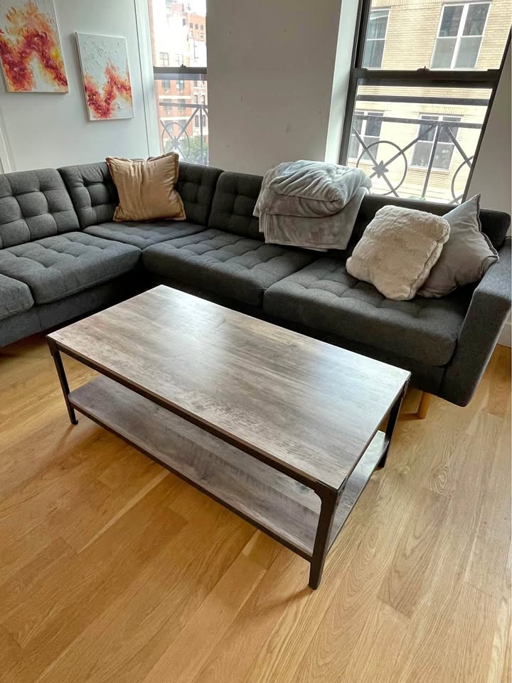 Coffee Table - grey wood with black hardware